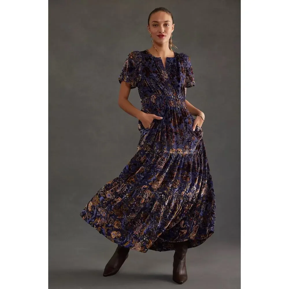 Anthropologie The Somerset Maxi Dress Velvet Devore Bohemian Witchy Medium MP